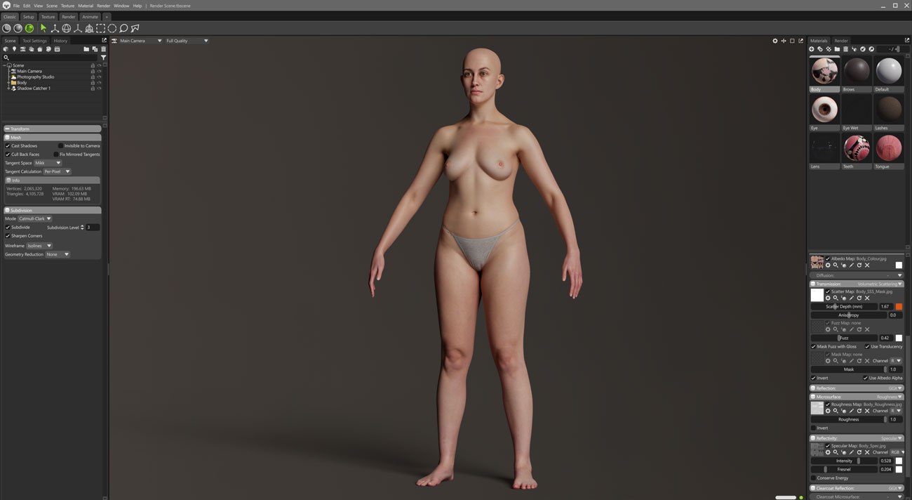 Marmoset Toolbag real-time scene render of a female 3D body scan with PBR lighting and texture maps applied